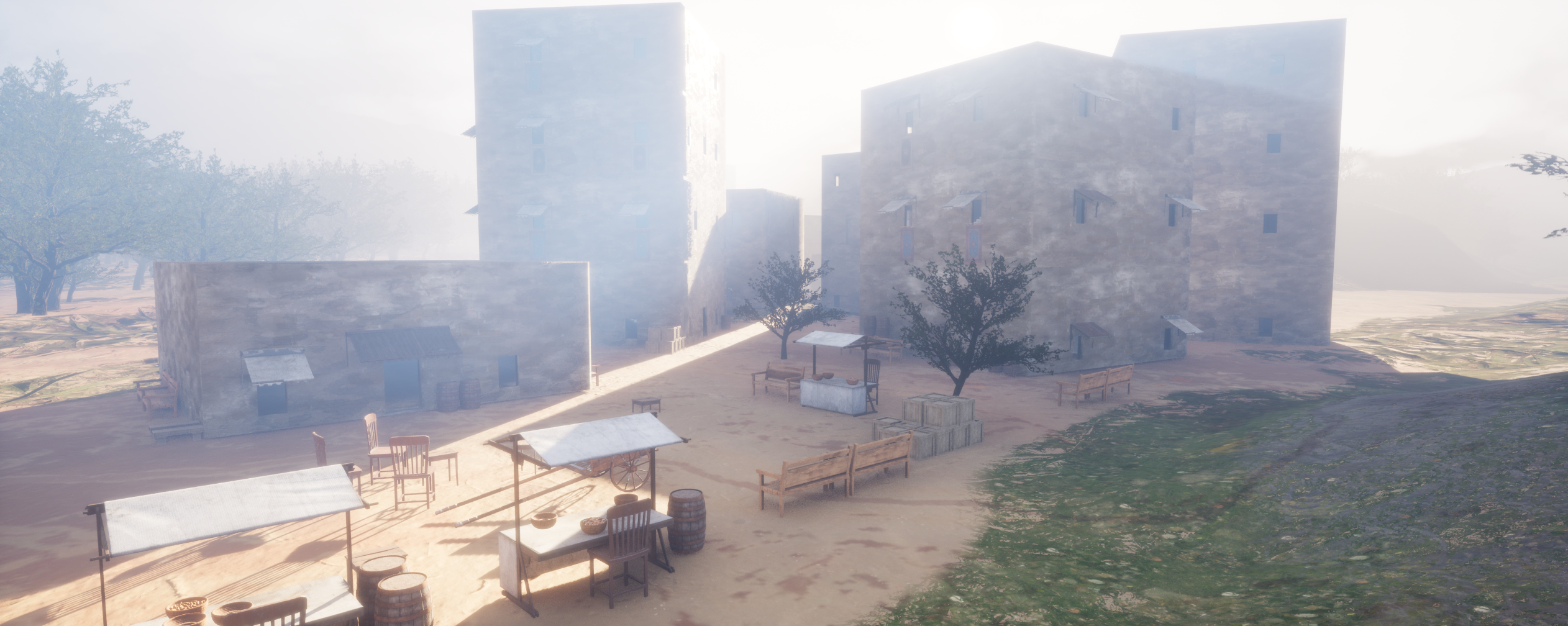 Dust of War — sun-bleached desert village with sandstone buildings, market stalls and a single tree